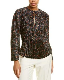 Vince Pomegranate Pleated V-Neck Blouse Women