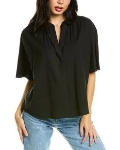 Vince Shirred Band Collar Linen-Blend Top Women
